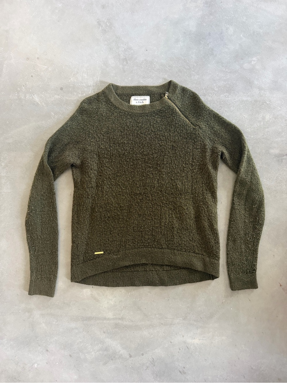 Abercrombie & Fitch Olive Green Crewneck Sweater with Shoulder Zip